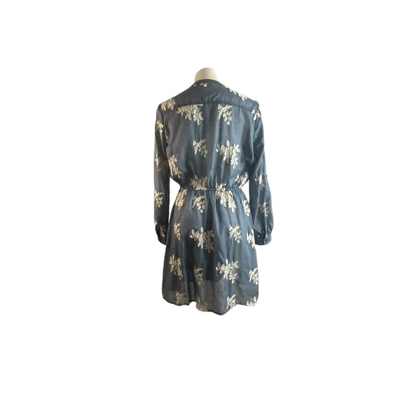 New York & Company Embroidered Floral Gauzy Denim Blue and White Dress - Picture 10 of 14